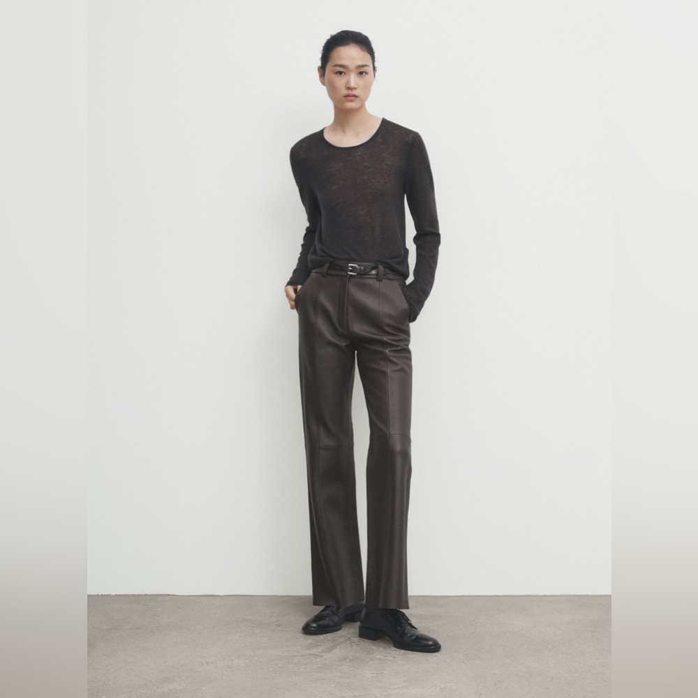 Massimo Dutti Nappa Brown Leather Flared Trousers